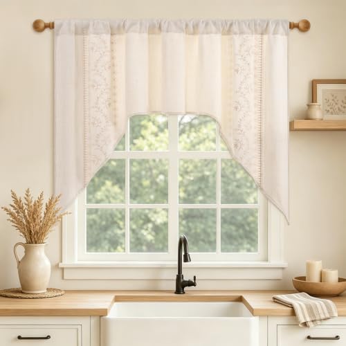 Image of Yinhua Boho Swag Curtains Beige Embroidered Floral Valances for Windows, Farmhouse Light Filtering Window Valances Rod Pocket Kitchen Curtains Valance for Living Room Bedroom Bathroom, 60 inch W x 36 inch L