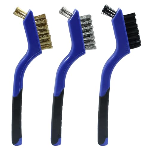 Image of 3Pcs Small Wire Brush Set, Metal Cleaning Brush Bristle Brush, Brass /Nylon /Stainless Steel Wire Brushes for Cleaning Rust Removal, Polishing, Scrubbing (Blue)