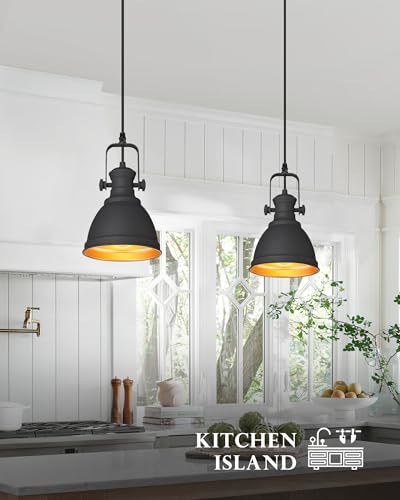 Image of 2-Pack Black Pendant Lights Kitchen Island, 6.5 inch Metal Shade | Industrial Hanging Light Fixture for Entryway Bar, Black and Gold Metal Shade, Adjustable Height, E26 Base, AD-2151-1P2