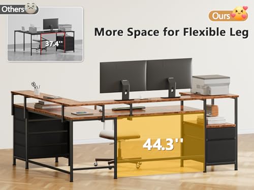 Image of Furologee 66 inch Reversible L Shaped Gaming Desk with 6 Drawers & Printer Storage Shelves, Corner Computer Desk with Power Outlets & LED Lights, Home Office Table with Monitor Stand, Rustic Brown