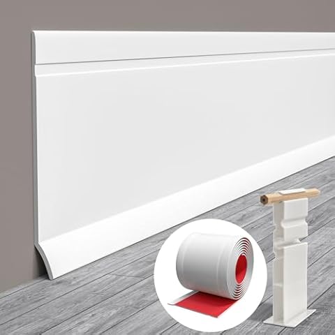 Pluden Flexible Baseboard Molding Trim, 4 Inch(W) x 40 Feet(L) Self Adhesive Vinyl Wall Base Cove Base, Peel and Stick Rubber Wall Moulding Trim Comes with a Scriber Cover