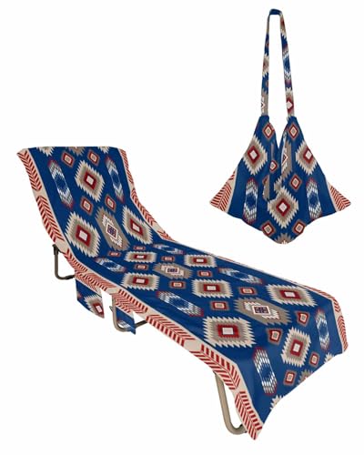 Southwestern Navy Blue Beach Lounge Chair Towel Cover, Soft Chaise Lounge Towel with Side Pockets Patio Pool Chairs Cover for Beach/Pool Sunbathing 29x85 Traditional Stripe Native American Indian
