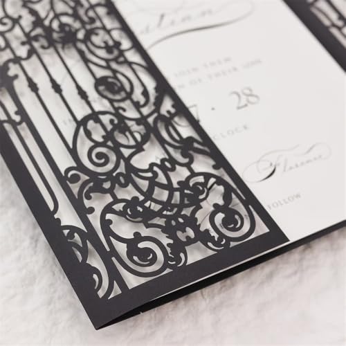 Invitaciones de boda negras cortadas con láser con diseño gate fold elegante para enlaces de lujo 5