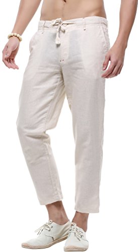 Chouyatou Men's Casual Drawstring Straight Fit Beach Linen Capri Pants (Large, Khaki) #TOP16