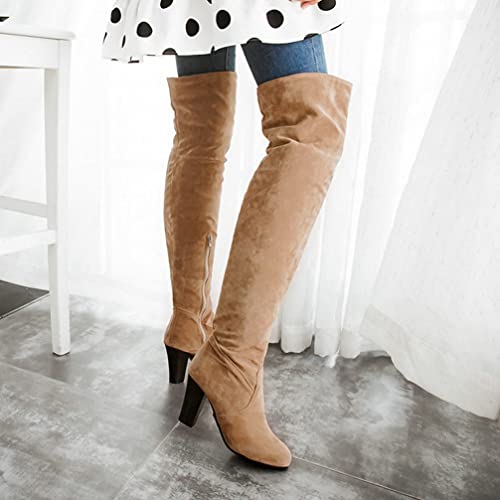 KOKOMOMO Womens Faux Suede Thigh High Heeled Round Toe Chunky Over The Knee Boots4