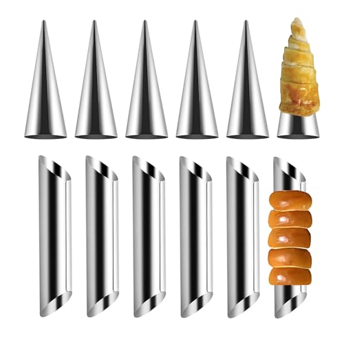 Moldes tubulares de acero inoxidable con forma de cono para pastelería danesa, croissant, rollo de crema (combinación de 12 piezas)
