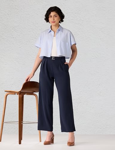 Image of Amazon Brand - Symbol Women Wide Leg Pleated Knit Crape Casual Trouser (Available in Plus Sizes)