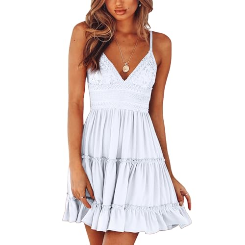 Short Summer Dresses for Women 2025 Spaghetti Strap V Neck Lace Mini Dress Bow Tie Open Back Tiered Ruffle Sundress