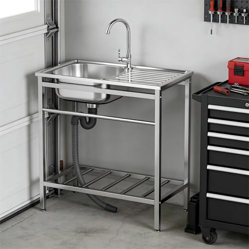 Évier utilitaire portable en inox avec robinet et double étagère de rangement