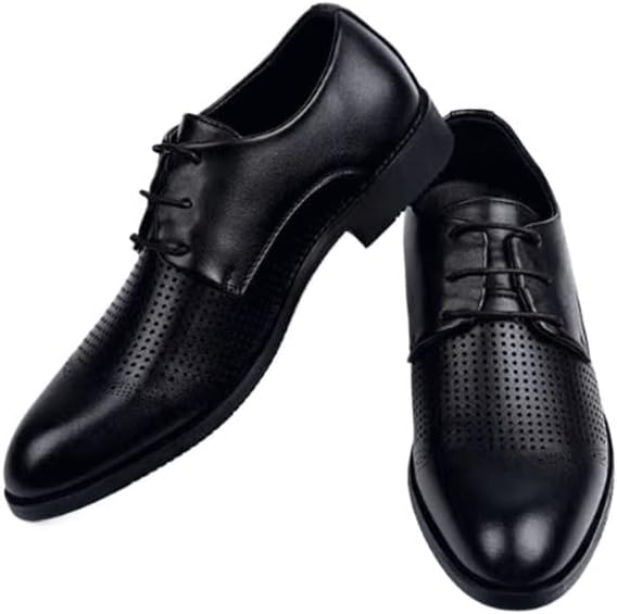 Men Leather Shoes Dress Business Shoes Wedding Shoes Hollow Upper Flat Toe Wedge Flat Black Lace-Up Rubber Sole