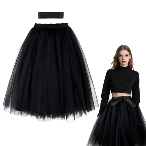Tüllrock Schwarz,Halloween Rock Damen Tüll Rock mit Schleifenband,4 Lagen Tüll 65CM Elastisch Midirock,Halloween Kostüm Damen Schwarzer Tüllrock...
