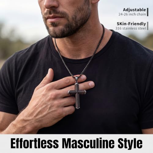 Image of Wooden Cross Necklace for Men with Stainless Steel Adjustable Chain 24-26in, Christian Wood Crucifix Pendant Gift for Him