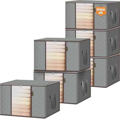 BALEINE 6 Pack Clothes Storage Bags, 16 Gallon Storage Containers with Reinforced Handle, Sturdy Zipper, Closet Organizer for Blanket, Comforter, Pillow, Bedding (Grey, 6 Pack)