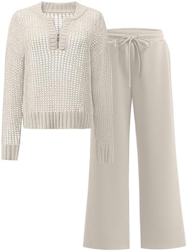 ANRABESS Womens 2 Piece Outfits 2025 Fall Crochet Knit Half Zip S...