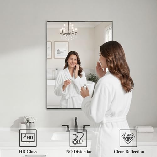 Image of Koonmi Black Rectangle Wall Mirror, 20x30 Inch Bathroom Mirror, Aluminum Frame Vanity Mirror for Entryway, Living Room, Bedroom, Hangs Horizontally or Vertically