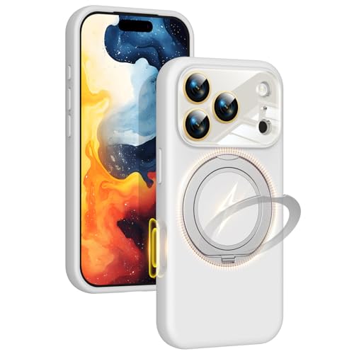 Image of Silicone 360 Spin Magnetic Stand Case for iPhone 17 Pro Max, [Compatible with Mag-Safe][Reinforced Hard Camera Protection] Liquid Silicone Rubber Phone Cover with Ring, Camera Button, White