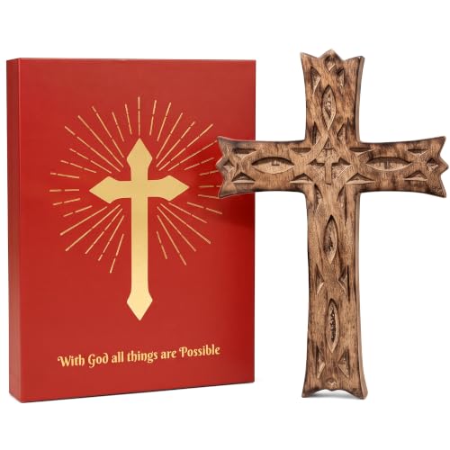 KSJONE Handmade Antique Design Rustic Look Wooden Wall Hanging Cross Decorative Religious Altar Spiritual Art Sculpture Home Living Room Décor Accessory for Christmas and Other Occasions (12 Inch)