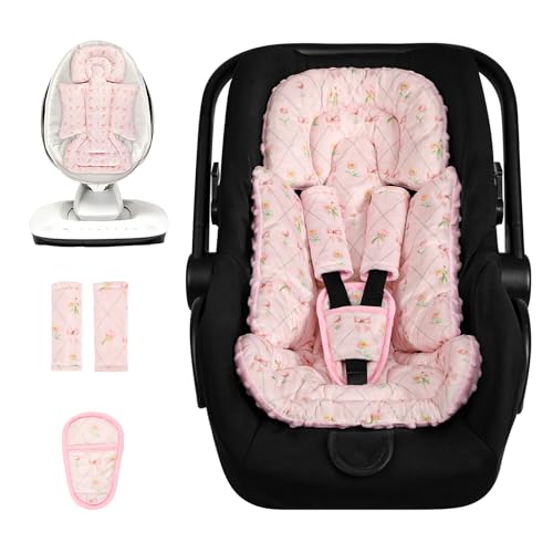 Image of Infant Car Seat Insert with 3 Strap Covers, Soft Car Seat Head Support for Baby Girls, Plush Fabric Newborn Insert for carseat, Strollers, Swings, Bouncer, Flower Bow
