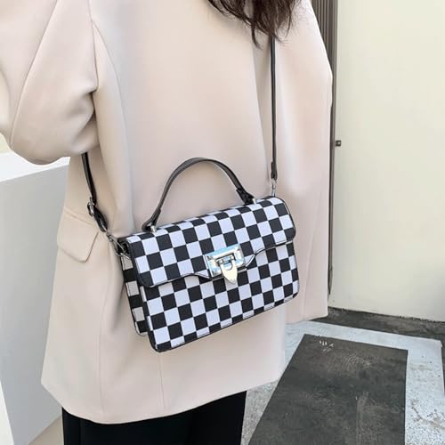 Checkered Crossbody Bag Bum Bags Alt Trendy Checkered Bum Bag Crossbody with Top Handle Convertible Strap Black And White2