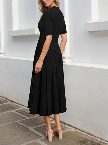 Image of CUPSHE Fall Dresses for Women 2025 Round Neck Half Sleeve Ribbed Knit Pleated A Line Fitted Midi Pullover Sweater Dress