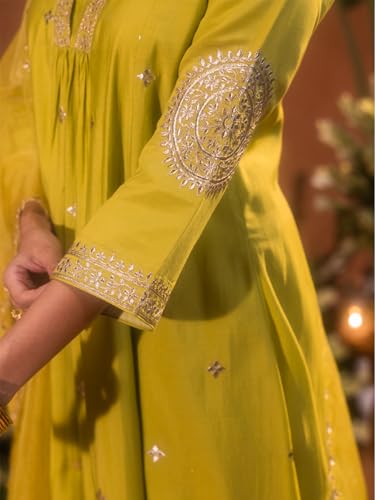 Image of FIORRA Women's Lime Green Viscose Chanderi Embroidered & Gota Patti Work Ethnic A-Line Kurta Set with Dupatta