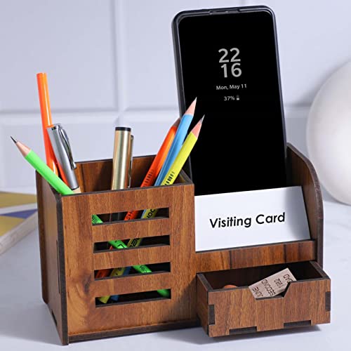 Image of Deskart Stylish Pen Holder Stand with Business Visiting Card, Mobile Holder & Mini Drawer | Multipurpose Desk Organizer for Office Desk and Gifting