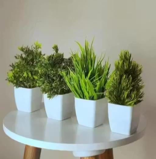 Image of Artificial Plant with White Pot, Green, Small Decorative Faux Plant, Indoor Home Decor, Detachable Pot