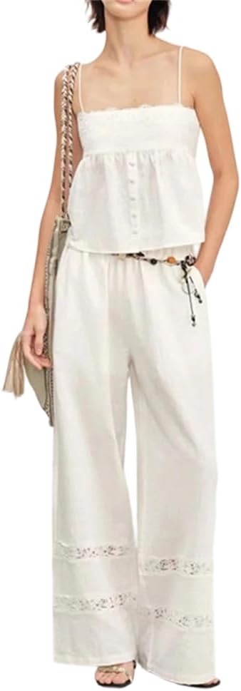 Women's Backless Lace Pleated Smock Camisole Resort Style Straight Leg Loose Pants Suit