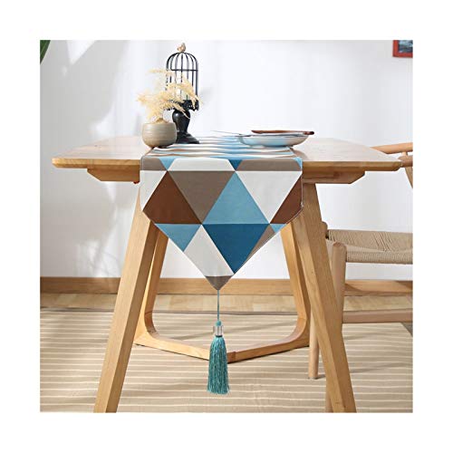 Chemin de table rectangulaire bleu marine 33x100 cm orné de pompons pour table basse