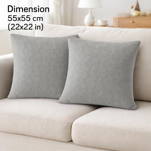 Image of HOKIPO 100% Leakproof Quilted Cushion Cover for Sofa 22x22 Inches, Set of 2, Serene Grey (AR-6281-LGRY*2)