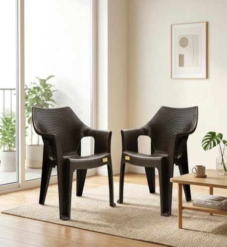 Image of Patiofy Plastic Arm Chair for Living Room, Heavy Duty Plastic Chair for Home and Outdoor, Solid Back Support, Comfortable Seating with Arm Support, 200 Kg Capacity (Oxford Brown- Set of 2)
