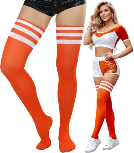 Image of ToBeInStyle Women's Heavyweight Knit Thigh High Long Socks w /Contrast 3 Stripe Top Band