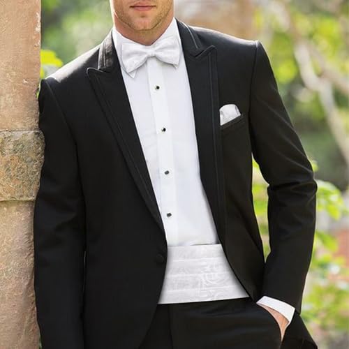 Image of Barry.Wang Men Silk Paisley Cummerbund and Pre-tied Bowtie Handkerchief Cufflink Set for Tuxedo