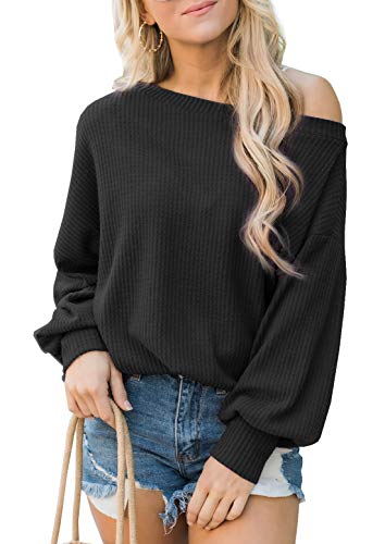 iGENJUN Women's Off Shoulder Batwing Sleeve Loose Pullover Sweater Tops,Black,L