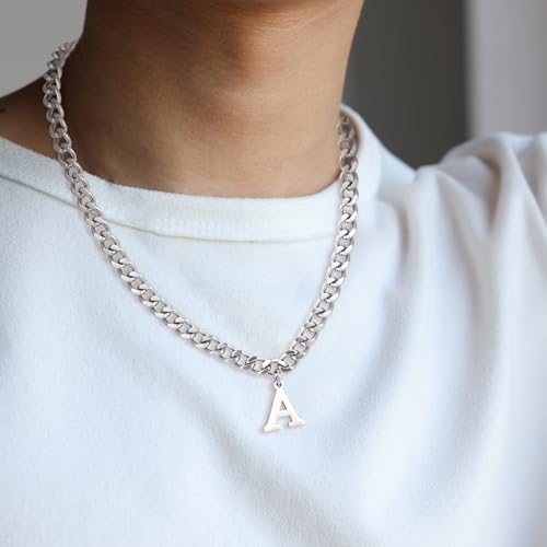 Initial A-Z Cuban Link Chain Necklace for Men, Stainless Steel Letter Pendant Necklace Diamond Cut 6MM Cuban Link Chain Initial Necklace Gifts for Men Father Boyfriends2