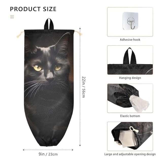 1PC Plastic Bag Holder Black Cat Wall Mount Grocery Bags Hanging Storage Bag Drawstring Organizer for Home Kitchen