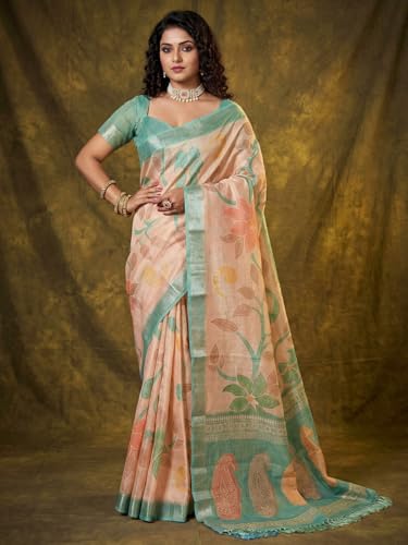 Image of AKHILAM Women's Floral Printed Handloom Cotton Silk Saree with Zari Border and Tassel Pallu Unstitched Blouse Piece | Traditional Ethnic Wear Sarees | Women saree silk | Festive Sari Women's