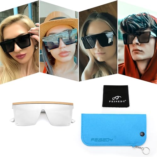 Image of FEISEDY Oversized Square Trendy Sunglasses Womens Mens Futuristic Flat Top Visor Shades UV400 B2470