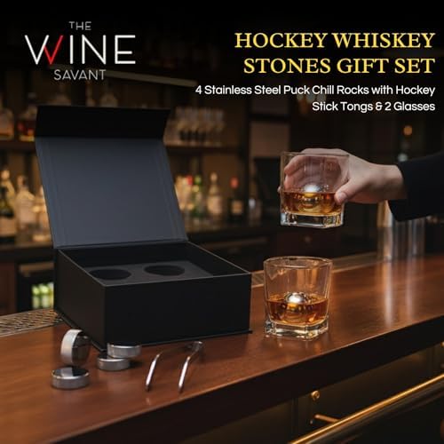 Hockey Puck Whiskey Stones Gift Set with 2 Glasses & Stick Tongs - 7pc Stainless Steel Chilling Rocks, Chill Non-Diluting Freezer Kit, Cool Hockey Gifts for Men, Him, Dad, N H L Gift Boyfriend & Fans - Thumbnail 5