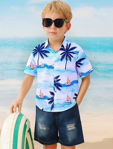 Image of Hawaiian Shirt for Boys Button Down Wrinkle Free Shirt Short Sleeve Funny Beach Casual Summer Print Top for Kids 4-15 Years