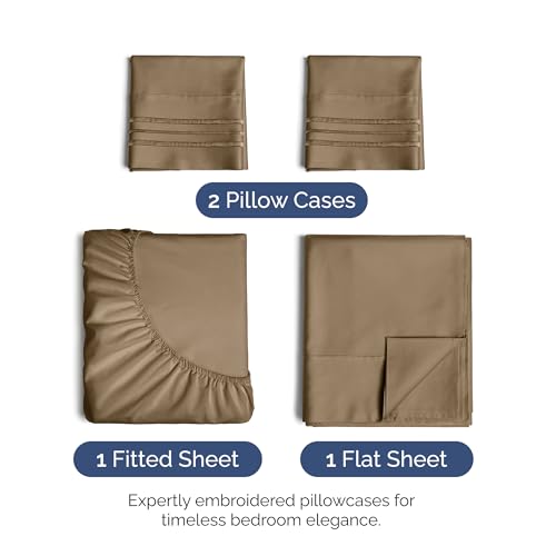 Image of Queen Size 4 Piece Sheet Set - Ultra Soft & Cooling Sheets - Neutral Brown | Fits 8 Inch to 16 inch Mattress, Wrinkle Free & Fade Resistant with Deep Pockets, Breathable, Comfy Hotel Luxury Bedding