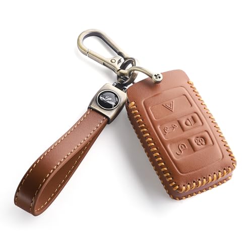 for Land Rover Jaguar Key Fob Cover with Keychain, Leather Car Key Case Full Protector Fit for Jaguar XE XJ XF for Land Rover Sport, Velar, Evoque, Defender, Discovery, Brown