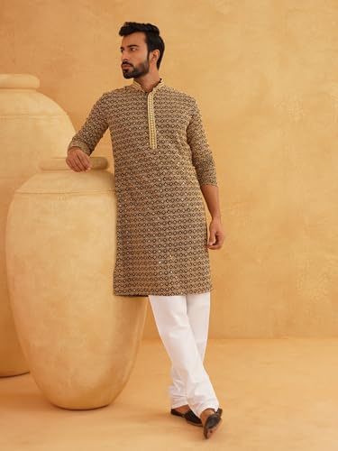 Image of SOJANYA (Since 1958 Men's Cotton Gold Embroidered Sequinned Kurta With white churidar Pyjama