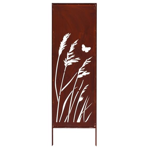 Sichtschutz Metall 160 cm x 50 cm – Edelrost Rostoptik für Garten – Elegante Sichtschutzwand aus Cortenstahl – Wetterfester Gartenschutz Zaun – Natürliche Rostpatina mit Schmetterling & Gras