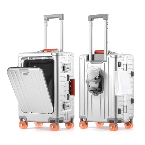 ASYSUIT 20 Inch Airline Approved Carry on Luggage All Aluminum Zipperless Hard Shell Suitcase with Jelly Wheels Silver-Orange Travel Luggage with Cup Holder & Laptop Compartment