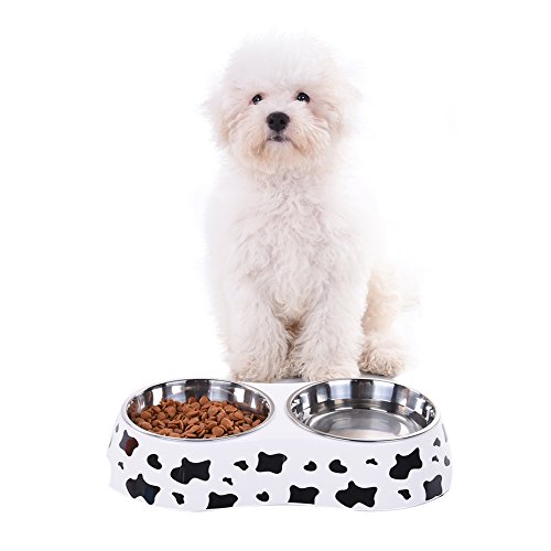 Image of Pet Double Bowl Stainless Steel-Cow Type Pet Elevated Feeder Bowl for Dogs Cats (M (10 * 4.8 * 1.6 in))