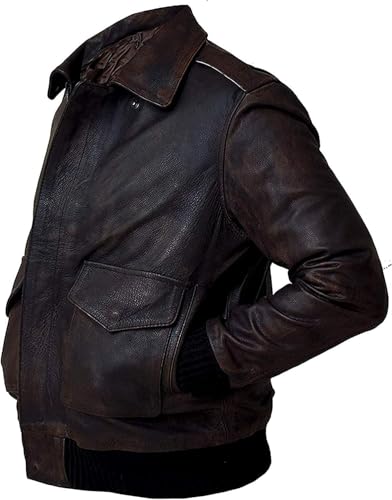 Image of Mens G-1 Fur Collar US Navy Flight Distressed Brown Aviator Genuine Leather Jacket
