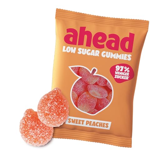 ahead Sweet Peaches Gummibärchen | Pfirsichgeschmack Fruchtgummi 18 × 50g | Gummibärchen ohne Zuckerzusatz | Nur 1g Zucker & 73 kcal pro 50g | Kalorienarme Süßigkeiten & ballaststoffreich