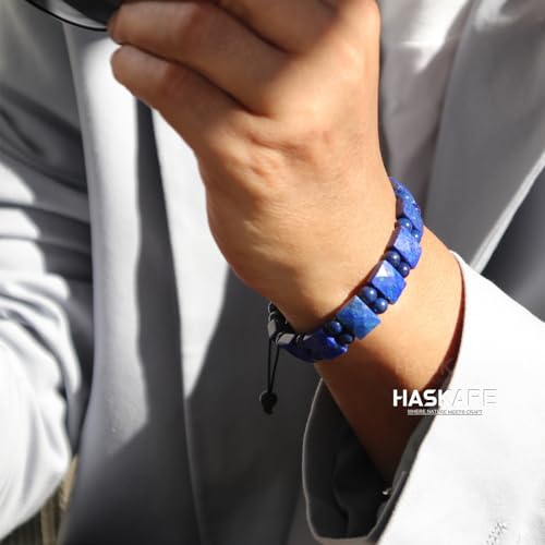 HASKARE Mens Jewelry Beads Crystal Bracelet for Men, Energy Bead Bracelets Healing Stone Lapis Lazuli Bracelet, Real Blue Gemstone Protection Crystals Woven Drawstring Anxiety Bracelets Gift for Him3