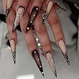 Jremg Black Press on Nails Long Stiletto Fake Nails with French Tips Designs Luxury Rhinestone Bling Acrylic Nails Stick on Nails Sharp Goth Black Ombre False Nails for Women Girls Nail Decor 24Pcs